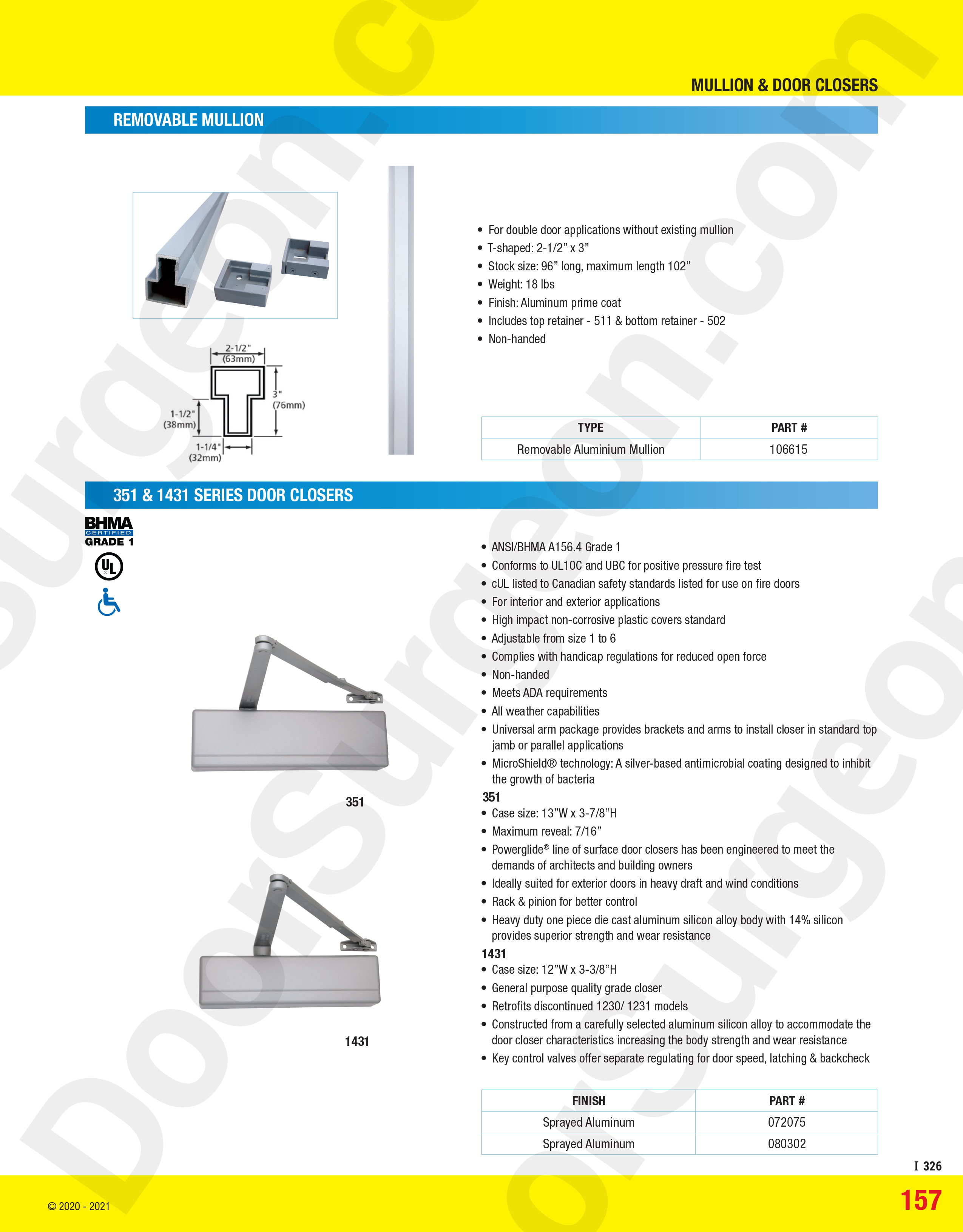 Removable mullion, 351 and 1431 series door closers.