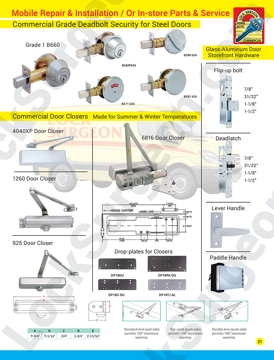 Deadbolt door closers flip-up bolts deadlatches lever handles push handles for glass aluminum doors