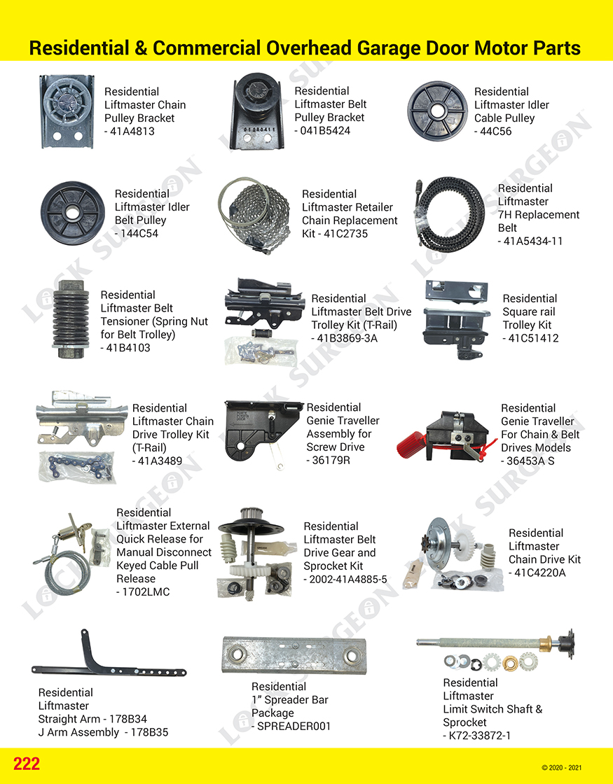 Residential and commercial overhead garage door motor parts.