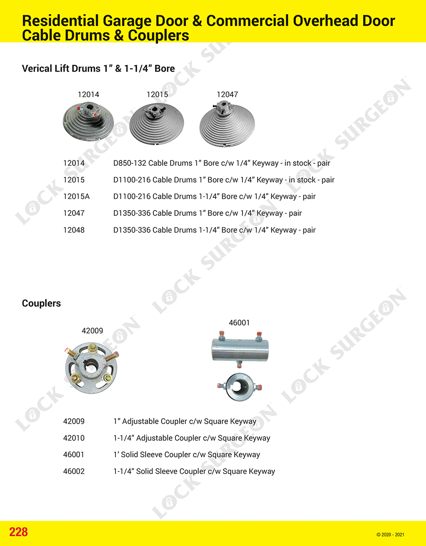 Residential garage door and commercial overhead door cable drums and couplers.