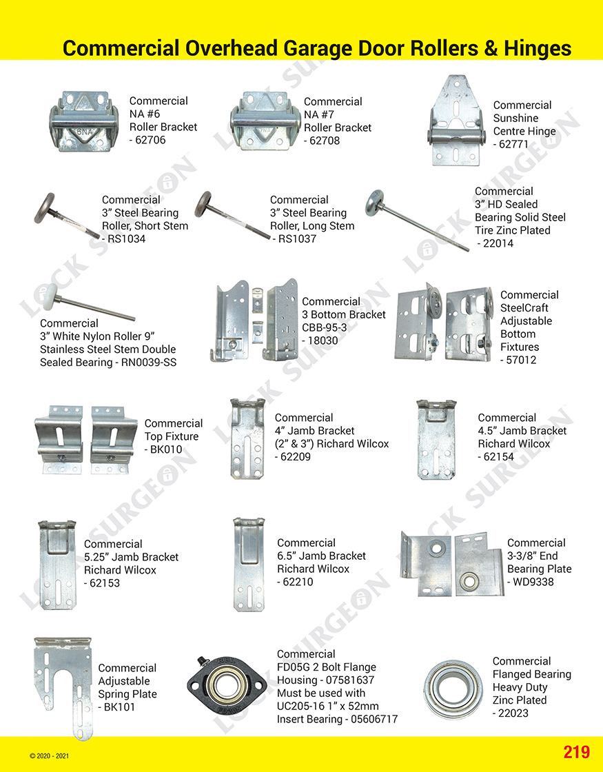 Commercial overhead garage door rollers and hinges.