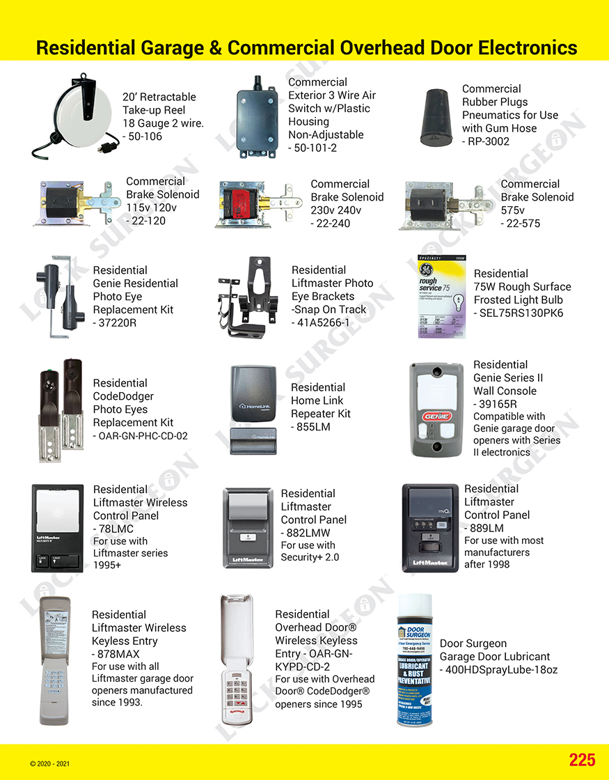 Residential garage door and commercial overhead door opener parts.