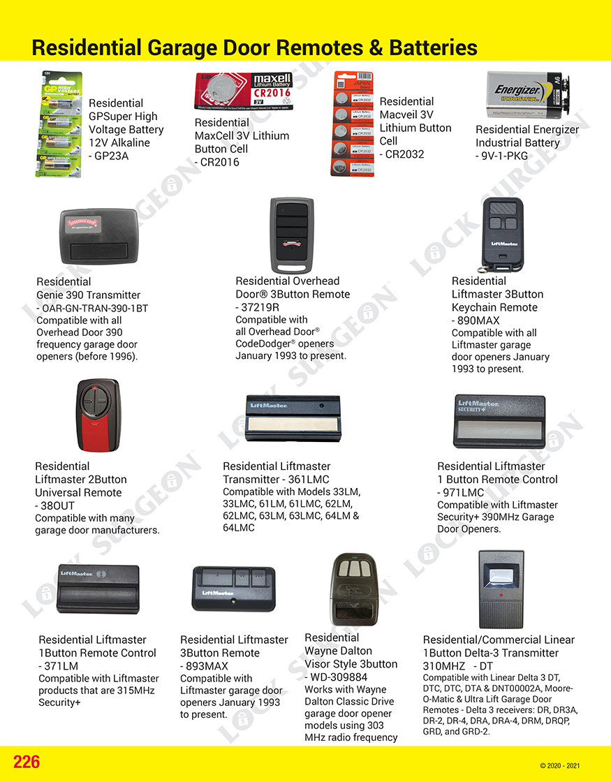 Residential garage door remotes and batteries.