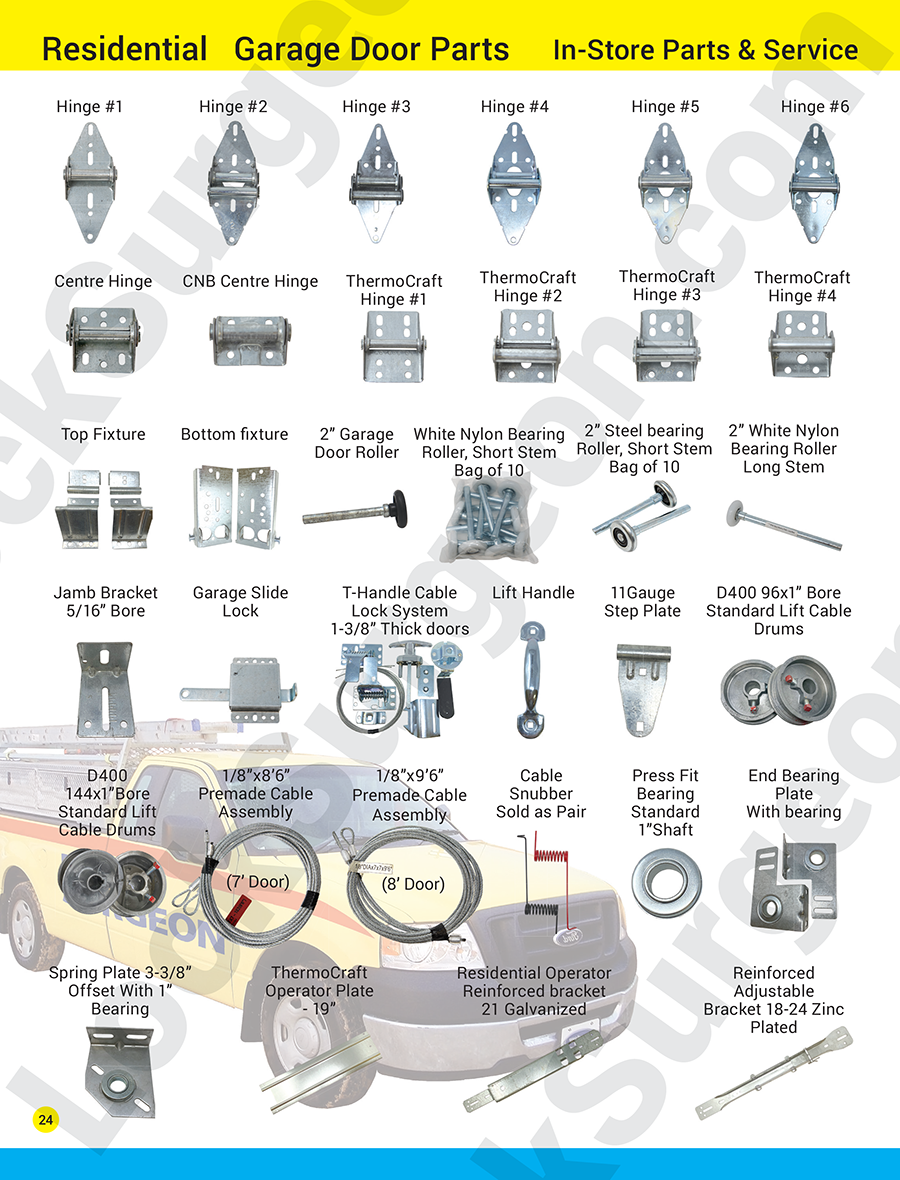 Home residential garage door replacement parts in-store and stocked on Door Surgeon service trucks.