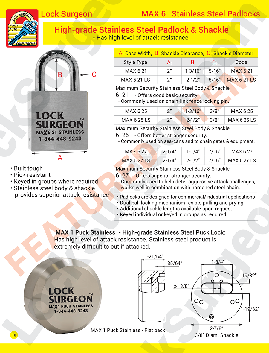 High grade stainless steel padlocks and shackles. High grade stainless steel puck locks.