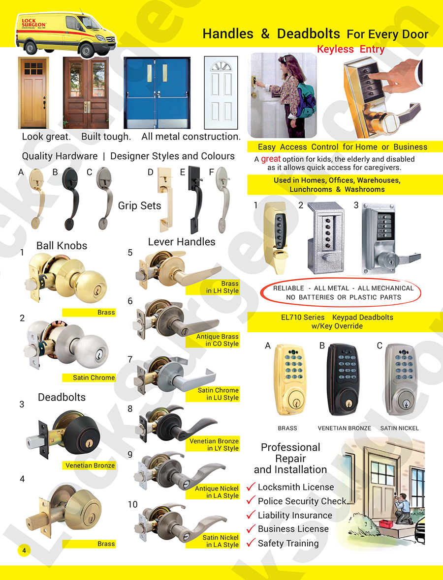 Door handles & deadbolts for every door, all metal construction, superior grip sets with deadbolts.